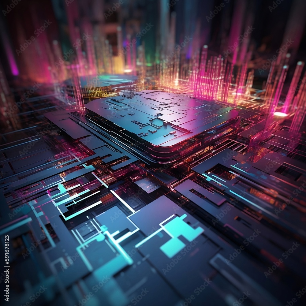 3D rendering of a futuristic colorful circuit board, Generative AI, wallpaper