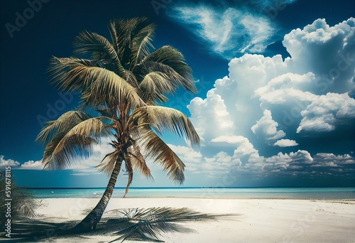 Palm tree on tropical beach with blue sky and white clouds abstract background. Copy space of summer vacation and business travel concept. Generative AI