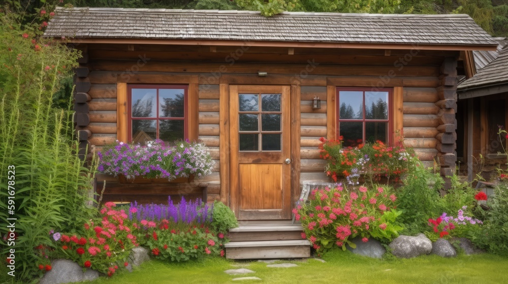 A log cabin with flowers and plants around it created with Generative AI technology