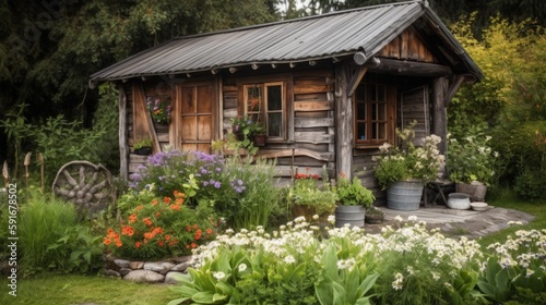 A garden with flowers and a shed in the background created with Generative AI technology