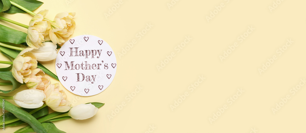 Φωτογραφία Card with text HAPPY MOTHER'S DAY and beautiful flowers on beige background with