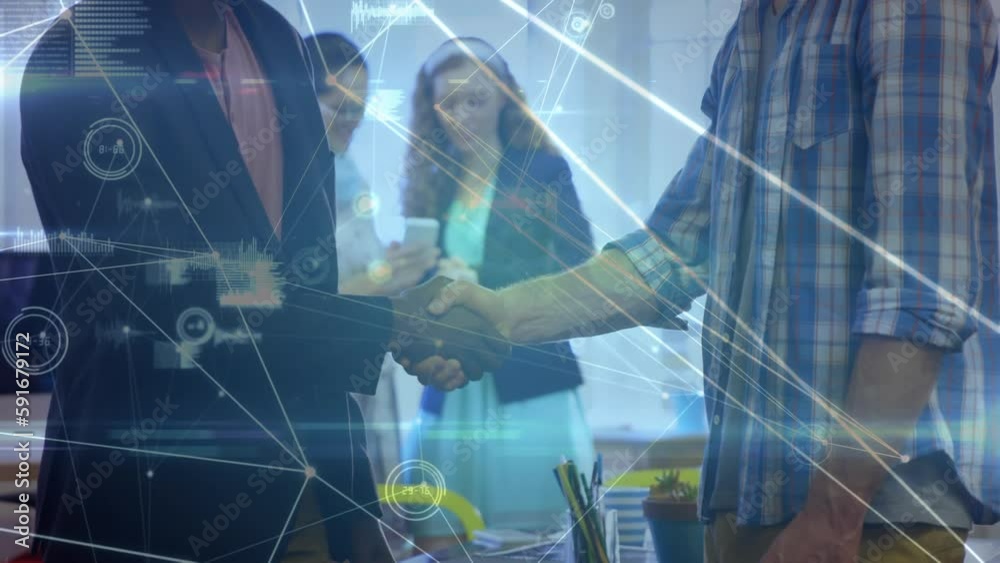 Animation of network of connections against two diverse businessmen shaking hands at office Animation of network of connections against two diverse businessmen shaking hands at office