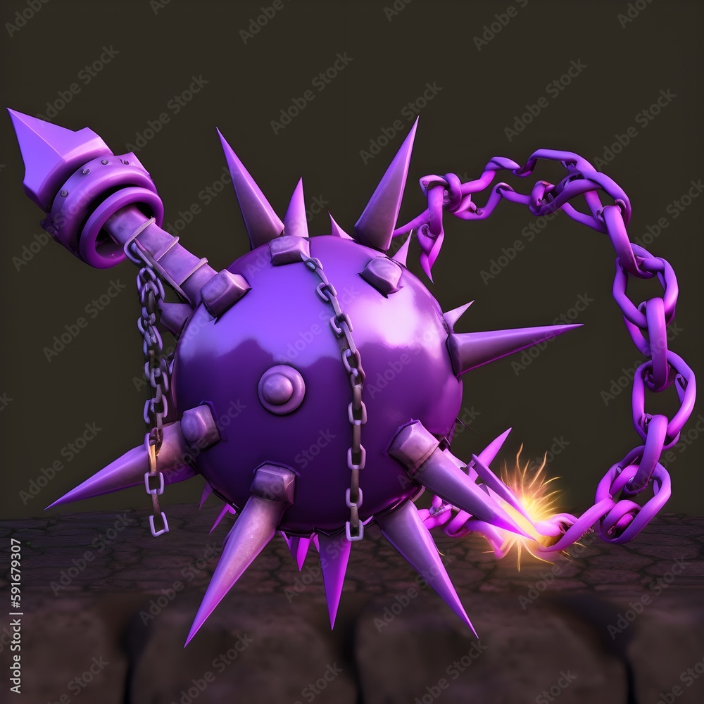 Medieval ball and chain flail made of purple alloy spikes glowing with magic purple flames on