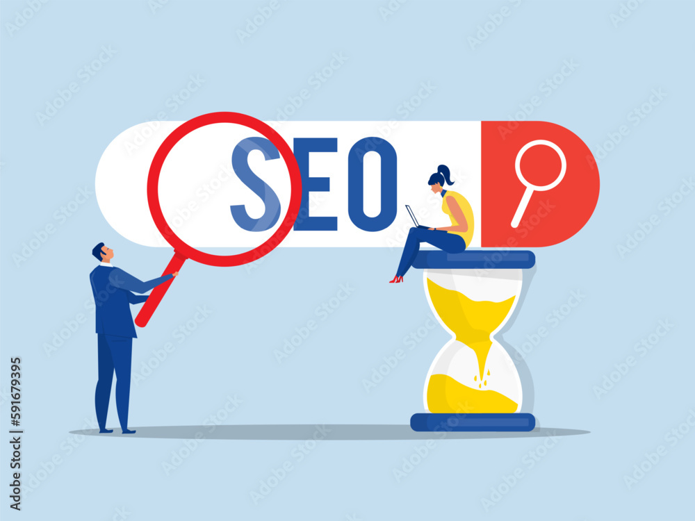 Business people using magnifying glass searching Seo analysis on the search bar,seo strategies and marketing concept vector illustrator. Business people using magnifying glass searching Seo analysis on the search bar,seo strategies and marketing concept vector illustrator.
