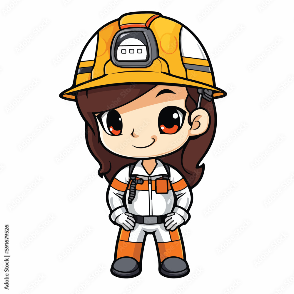 Mascot of cute girl building construction worker wearing uniform and safety helmet. Cartoon flat character vector illustration