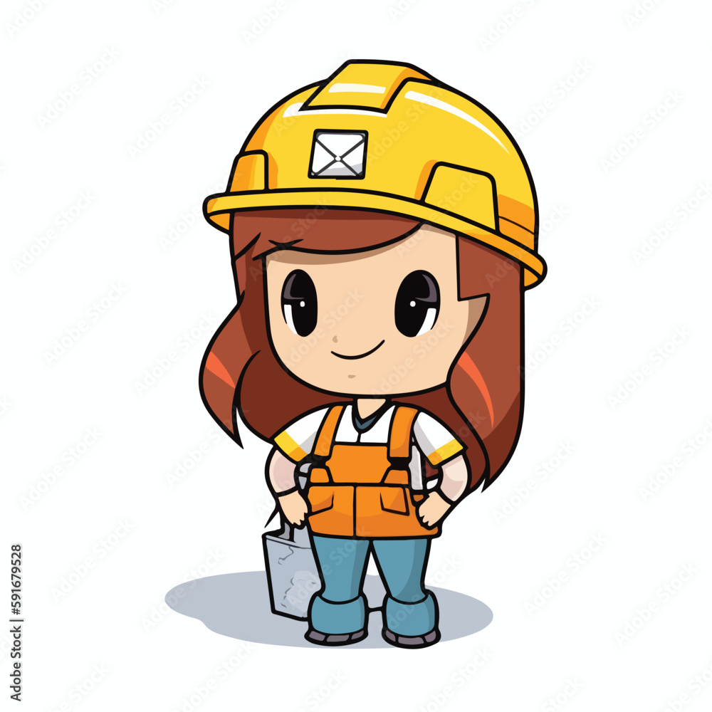 Mascot of cute girl building construction worker wearing uniform and safety helmet. Cartoon flat character vector illustration