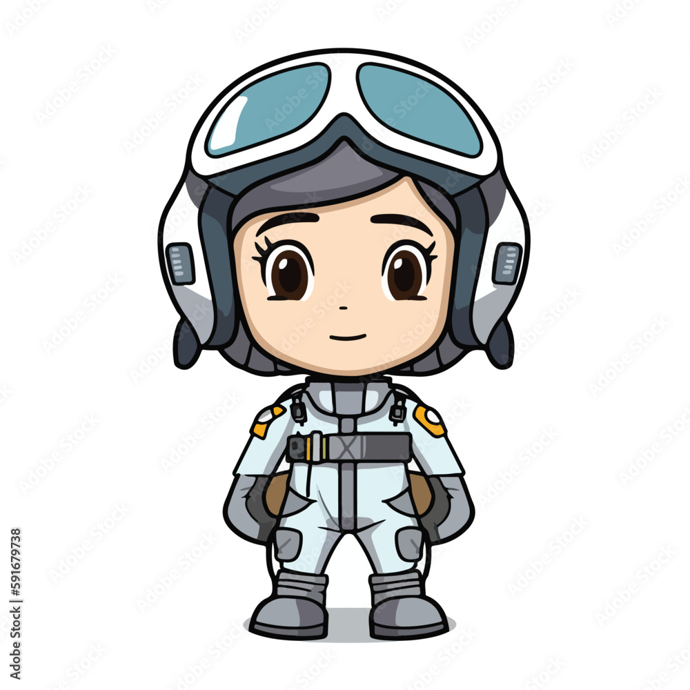 Mascot of cute girl pilot wearing helmet and uniform. Cartoon flat character vector illustration