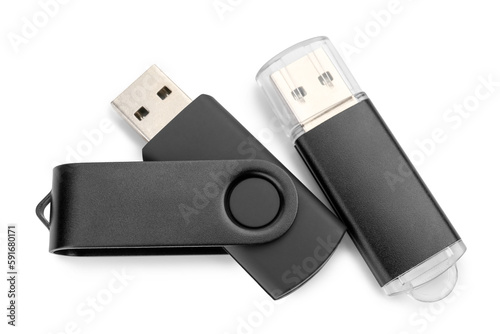 Black USB flash drives on white background