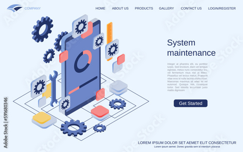 System maintenance, software update modern 3d isometric vector concept illustration. Landing page design template
