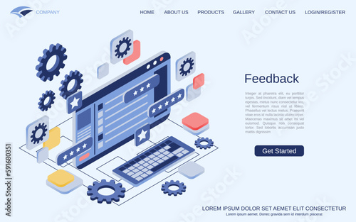 Feedback, product rating, clients choosing modern 3d isometric vector concept illustration. Landing page design template