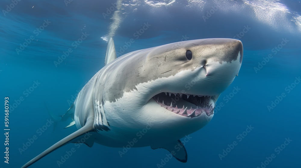 Naklejka premium Face-to-Face Encounter with a Great White Shark