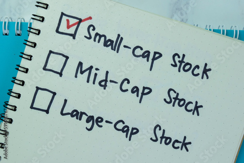 Concept of Small-cap Stock write on book isolated on Wooden Table. photo