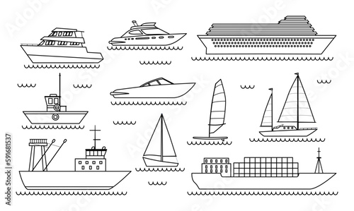 Line ships in sea. Transportation of goods and logistics, sea travel. Boat and vessel. Minimalist creativity and art. Shipping and inport or export of containers. Cartoon flat vector illustration