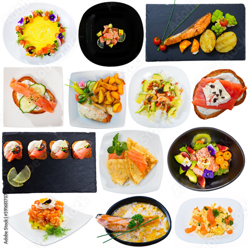 Various dishes of salmon with vegetables