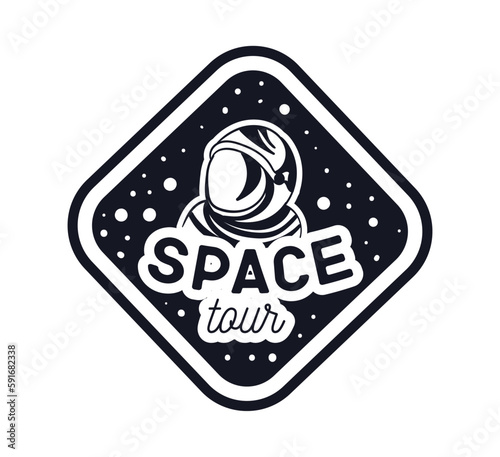 Space label black and white. Astronaut on background of stars. Galaxy and universe, scientific exploration and travel. Astrology and astronomy. Cartoon flat vector illustration