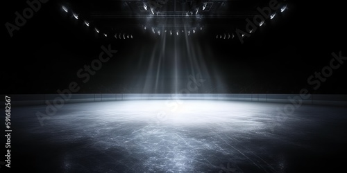 Background. Beautiful empty winter background and empty ice rink with lights. Spotlight shines on the rink. Bright lighting with spotlights. Generative AI