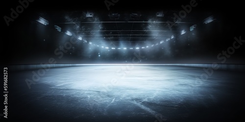 Background. Beautiful empty winter background and empty ice rink with lights. Spotlight shines on the rink. Bright lighting with spotlights. Generative AI