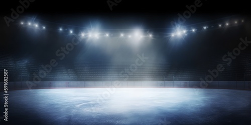 Background. Beautiful empty winter background and empty ice rink with lights. Spotlight shines on the rink. Bright lighting with spotlights. Generative AI