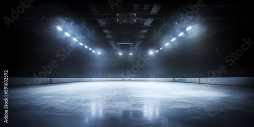 Background. Beautiful empty winter background and empty ice rink with lights. Spotlight shines on the rink. Bright lighting with spotlights. Generative AI