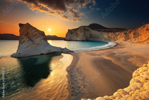 Sunset on Milos Island's Fyriplaka Beach, Cyclades, Greece Generative AI photo