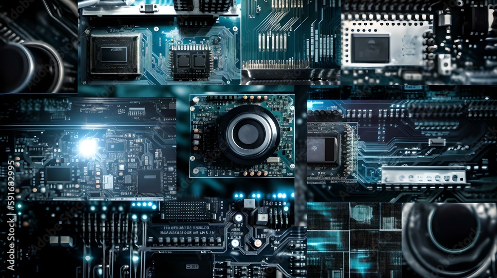 A Technological Mosaic: Computer Parts and Circuit Boards Collage A Technological Mosaic: Computer Parts and Circuit Boards Collage