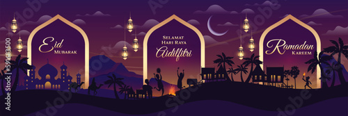 Combination Three Concept Design Eid Mubarak, Selamat Hari Raya Aidilfitri, Ramadan Kareem (Vector)