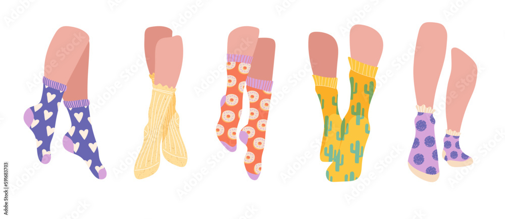 Feet in socks set. Collection of beautiful female legs in stylish and fashionable clothing elements. Autumn and winter accessory. Cartoon flat vector illustrations isolated on white background Feet in socks set. Collection of beautiful female legs in stylish and fashionable clothing elements. Autumn and winter accessory. Cartoon flat vector illustrations isolated on white background