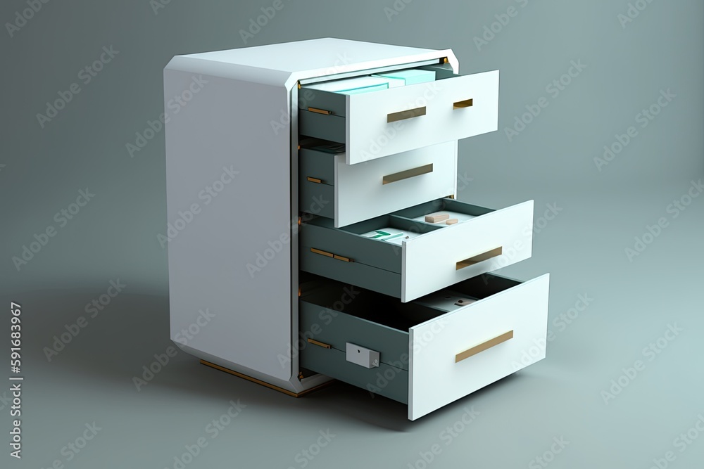 white cabinet with three drawers and silver handles. Generative AI white cabinet with three drawers and silver handles. Generative AI