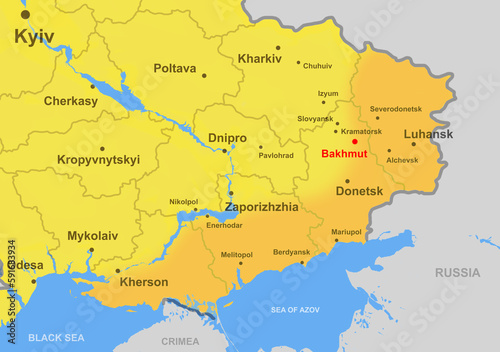 Bakhmut hot spot of war in map of Southeast of Ukraine, territory conquered by Russia photo