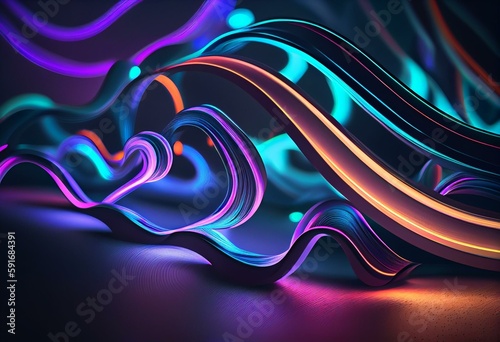 Wavy Neon Lights Background with Blue  Purple and Green Streaks. 3D Render. Generative AI