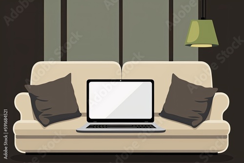 laptop computer resting on a couch with a cozy atmosphere. Generative AI