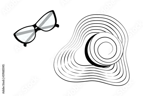 Set of outline drawing of a summer hat with wide brim and stripes around and glasses. Hello summer