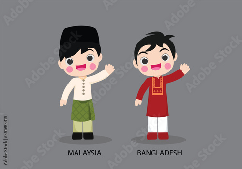 Malaysia peopel in national dress. Set of Bangladesh man dressed in national clothes. Vector flat illustration.