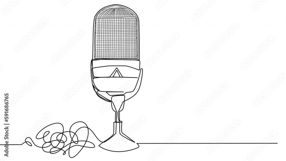 Self-drawing of an audio broadcaster microphone with a tangled one line on a white screen. Live stream concept with sound track. 4k musical whiteboard with alpha channel. Stock video loop. Self-drawing of an audio broadcaster microphone with a tangled one line on a white screen. Live stream concept with sound track. 4k musical whiteboard with alpha channel. Stock video loop.