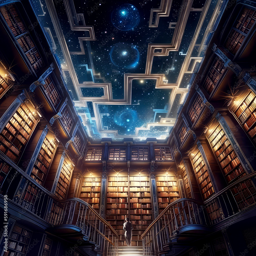 staring up into the infinite celestial library, endless books, ai