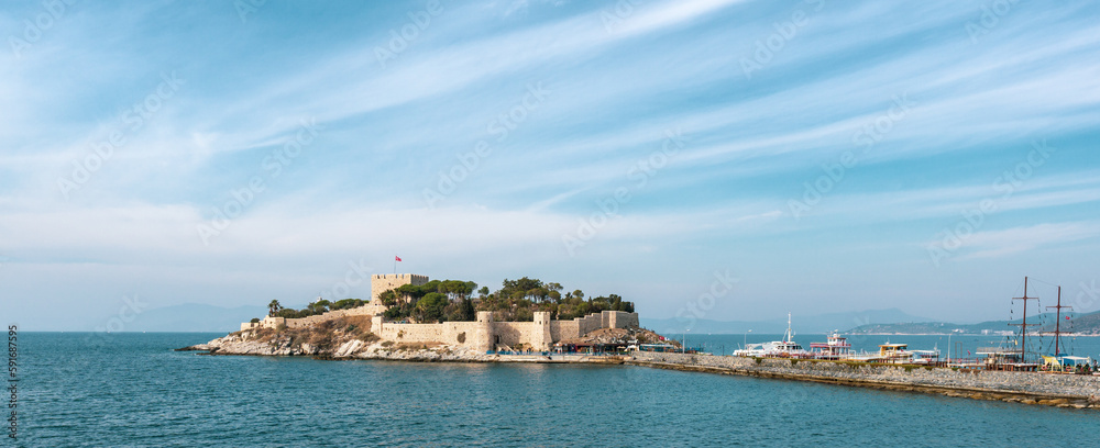 Kusadasi, Turkey: Kusadasi castle and sea on a sunny day