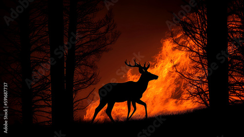 forest fire in the silhouette of a deer  creating a sense of movement  danger  and natural beauty  ai