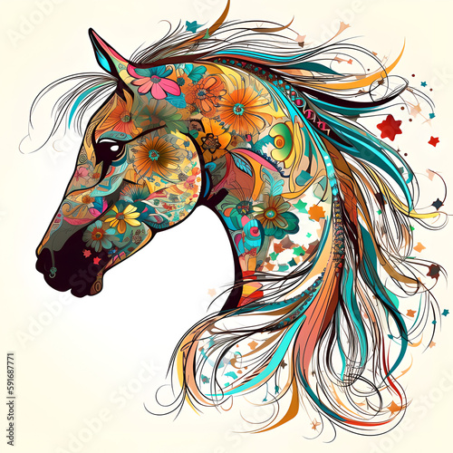 Horse face filled with flowers illustration made with AI generative tools