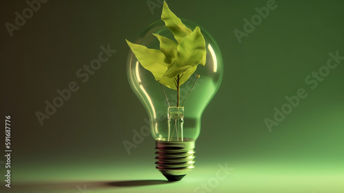 light bulb with green leaves, sustainable energy concept. Created using generative AI.