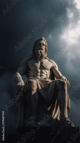 Photo of a Greek statue of a man on a cloudy day Generative AI