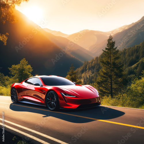  A red sports car parked on a winding mountain road, ai