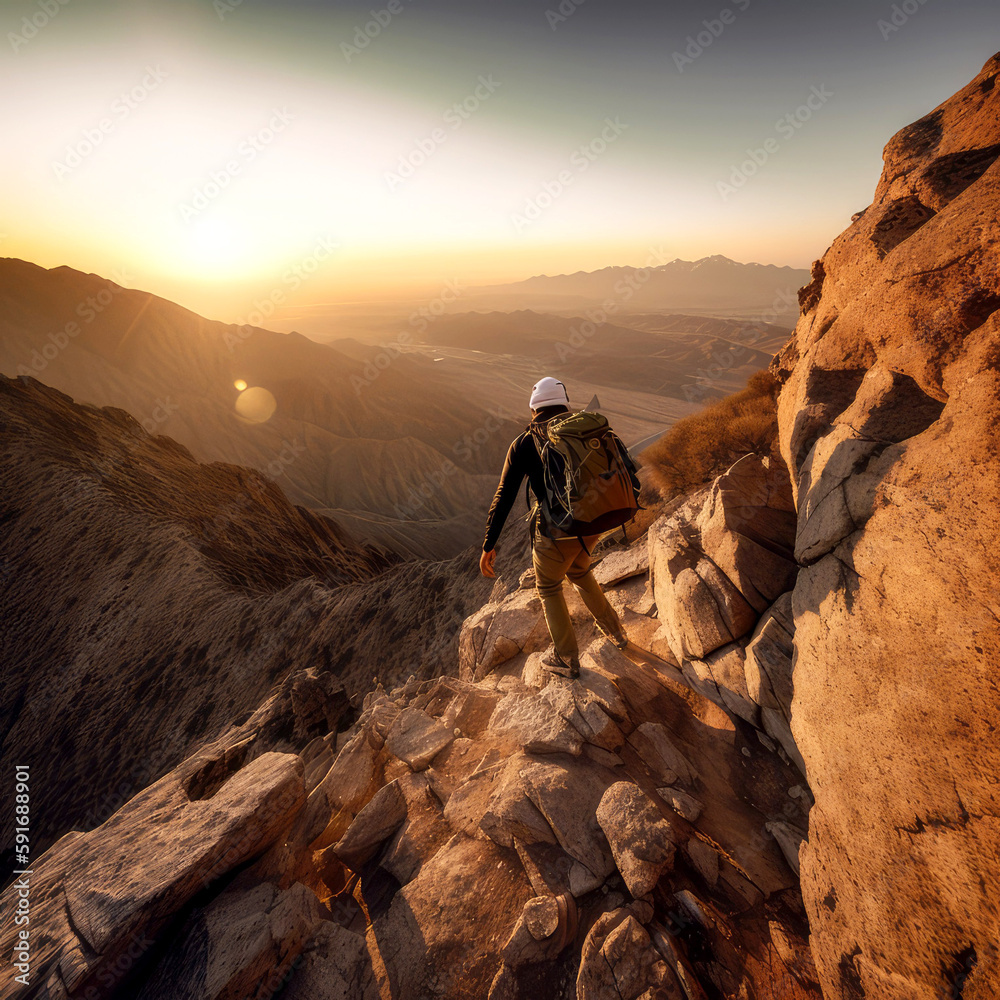 A photograph of a hiker scaling a steep mountain, ai A photograph of a hiker scaling a steep mountain, ai
