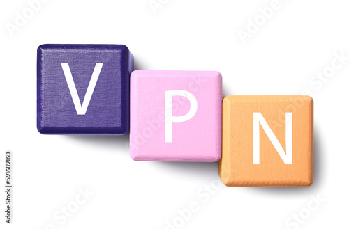 Colorful cubes with acronym VPN on white background, top view