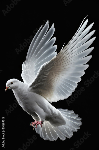 A free flying white dove isolated on a black background, ai