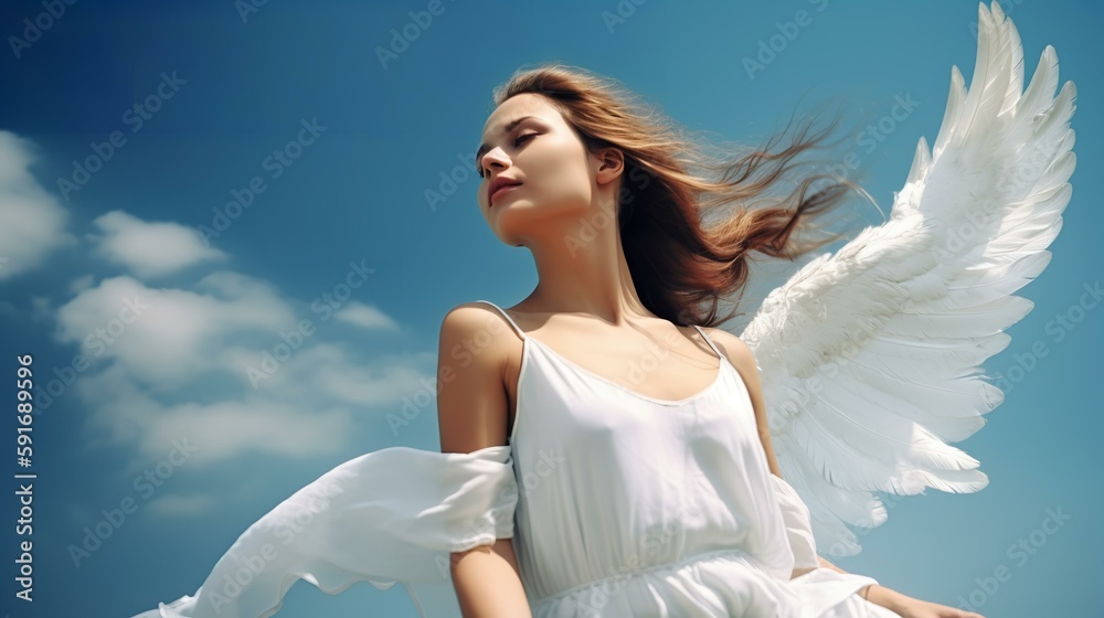 Naklejka premium 青空の中で羽根・翼を広げる天使・女性