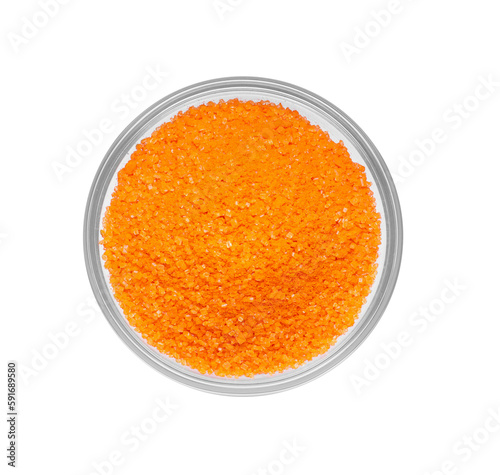 Glass bowl with orange food coloring isolated on white, top view
