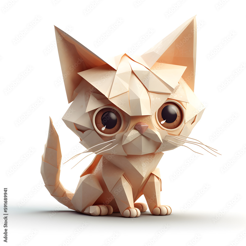 Origami Cat with big eyes, super cute, black and gold colors, white background, fantasy, hyper realistic