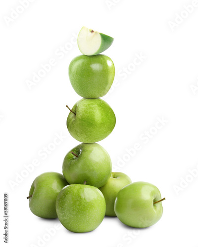 Stack of fresh ripe green apples on white background