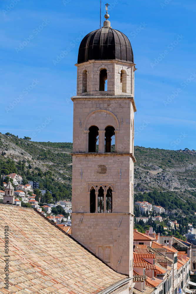 View to the Bell Tower of Franciscan Church. Old Town of Dubrovnik, Croatia