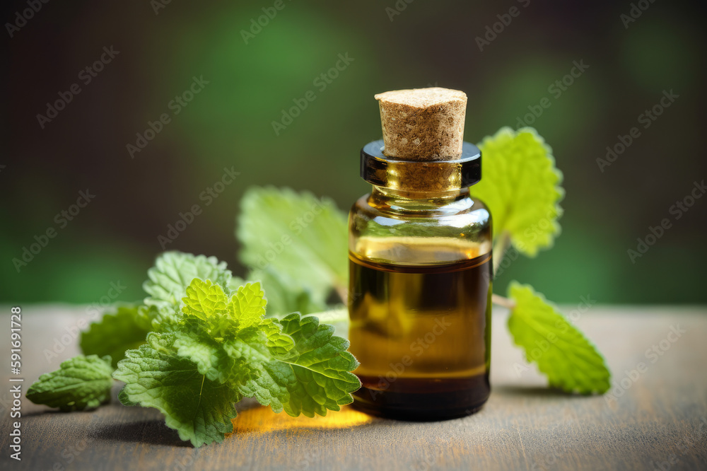 Patchouli essential oil and fresh patchouli leaves on the wooden table Patchouli essential oil and fresh patchouli leaves on the wooden table